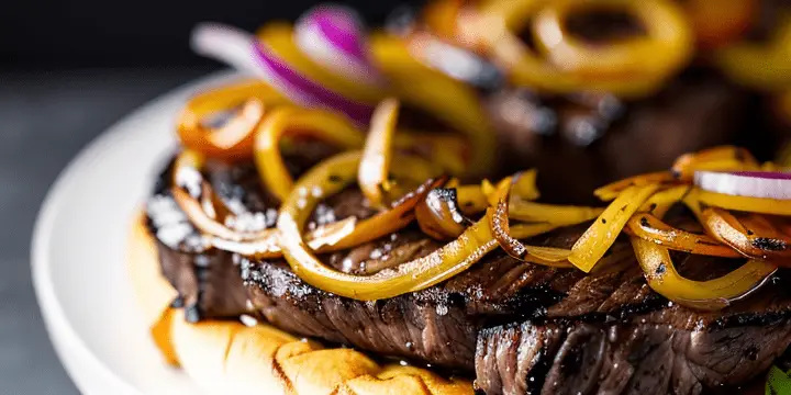 Close-up van een sappig broodje ribeye. Gesneden ribeye met gekarameliseerde ui op een smakelijk hamburgerbroodje op een wit bord.