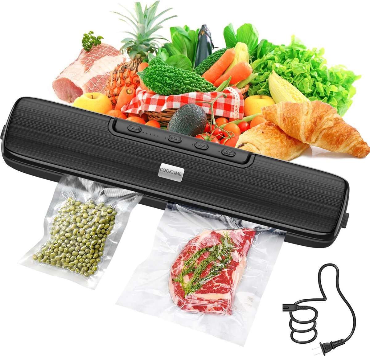 COOKTIME® - Vacumeermachine - Vacuüm Sealer - met 15 x Vaccumzakken - voor Groente, Fruit, Vlees, Vis en Ander Vers Voedsel - Zwart