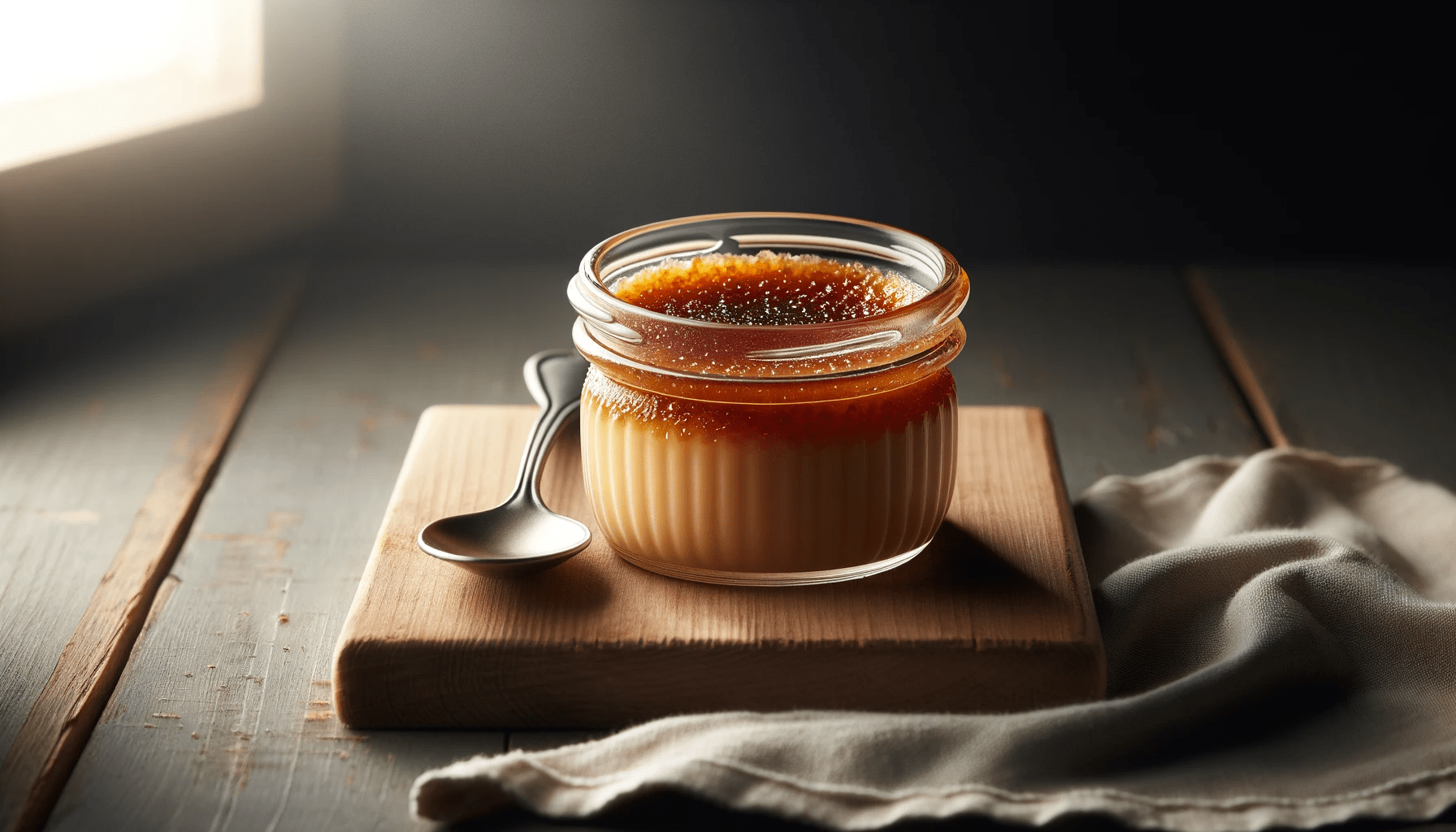 Crème brûlée sous vide in glazen pot met gekaramelliseerde topping, gepresenteerd op vierkante houten plank naast een ijzeren lepel, op groene houten ondergrond met een decoratieve doek ernaast, natuurlijk lichtinval vanuit een raam.