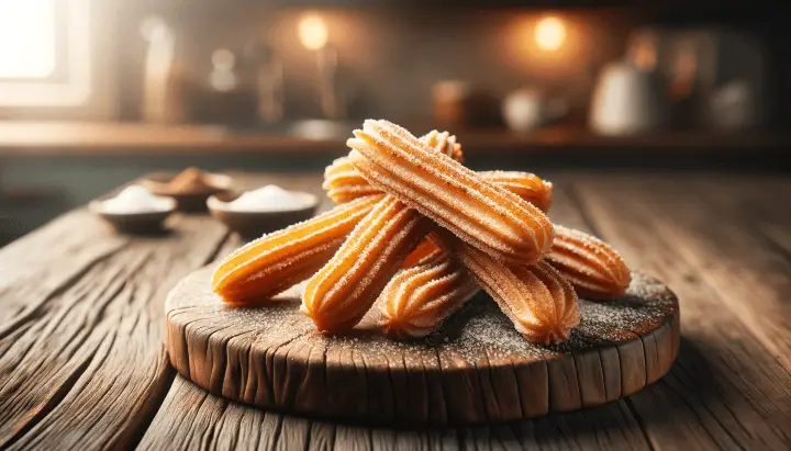 Horizontale foto van zelfgemaakte origineel churros recept geserveerd op een houten plank. De churros hebben een goudbruine kleur, zijn bestrooid met suiker en liggen op een rustieke houten plank, wat de textuur van het hout benadrukt. De achtergrond toont een eenvoudige, onscherpe keukenomgeving die een gezellige en uitnodigende sfeer creëert. De warme belichting accentueert de krokante textuur van de churros en de suiker bovenop.