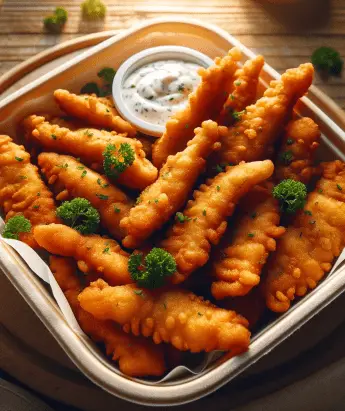 Zelf kibbeling maken recept. Kibbeling, een populaire Nederlandse snack, geserveerd op een houten bord in een witte plastic snackverpakking. De kibbeling bestaat uit krokante, goudbruin gefrituurde visstukjes, netjes gerangschikt. Bestrooid met enkele groene kruiden zoals peterselie of dille. De verlichting is natuurlijk en warm, wat de textuur en kleur van de gefrituurde vis benadrukt. Zachte focus op het houten bord en de achtergrond. Geserveerd met een witte saus met een vleugje groene kruiden en een partje citroen.