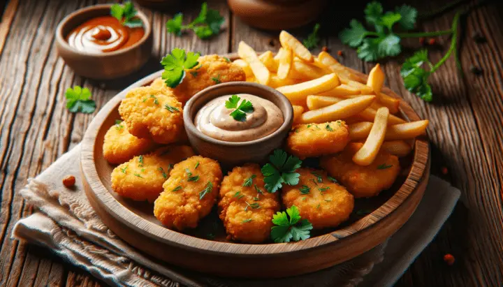 Zelf kipnuggets maken frituur op een houten bord, versierd met een snufje groene kruiden voor contrast. Geserveerd met een kleine portie friet en een bakje saus, allemaal gepresenteerd op een rustieke keukentafel.