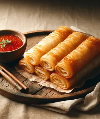 Foto van een zelfgemaakte Vietnamese loempia, vers gekookt en goudbruin, geserveerd op een rustiek houten bord. Naast de loempia staat een klein schaaltje met zoete chilisaus, waarbij de saus glinstert in het licht. Het houten bord is geplaatst op een eenvoudig, elegant tafelkleed, en de scène is goed verlicht om de texturen en kleuren van het eten te benadrukken.